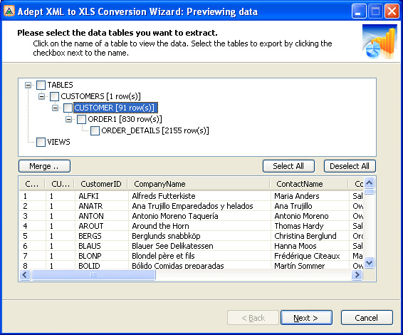 Adept XML to XLS Conversion Wizard screenshot
