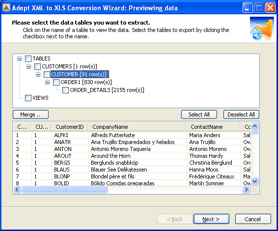 Adept XML to XLS Conversion Wizard