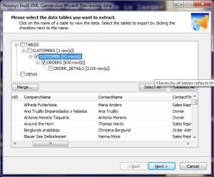 Select XML tables to export to Excel using the Exult XML
       Conversion Wizard