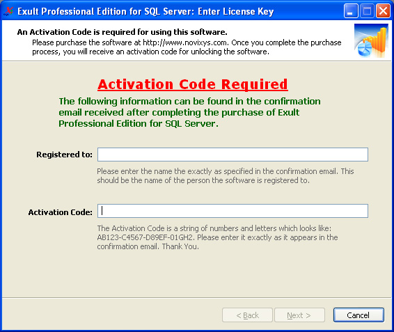 Entering Registration Key for Exult SQL Server