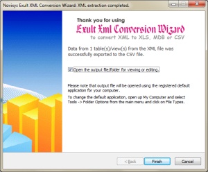 Completed exporting XML data to CSV in the Exult XML
       Conversion Wizard