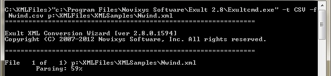 Converting XML file to CSV using the command line part
		of Exult XML Conversion Wizard.