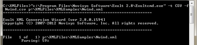 Converting XML file to CSV using the command line part
		of Exult XML Conversion Wizard.