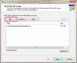 Selecting the XML file to convert to Access using the
       Exult XML Conversion Wizard