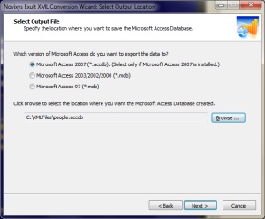 Browse to and select the Access Database location to save
       the selected XML data using the Exult XML Conversion
       Wizard