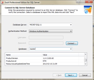 Connecting to an SQL Server database in Exult SQL Server.