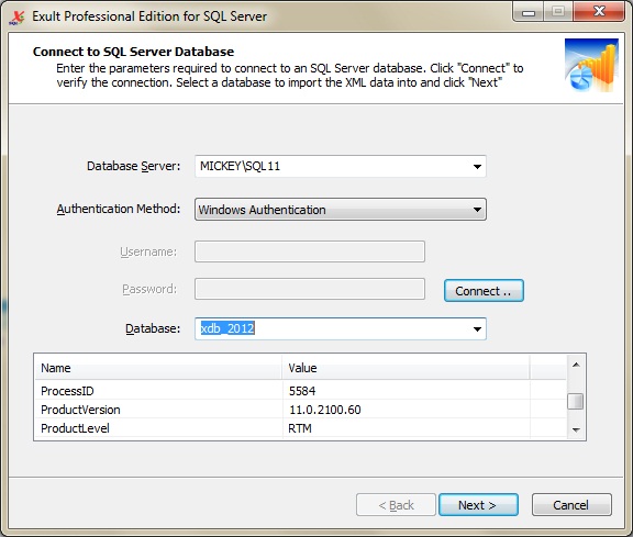 Connecting to SQL Server using Exult SQL Server for
     shredding XML to database tables.