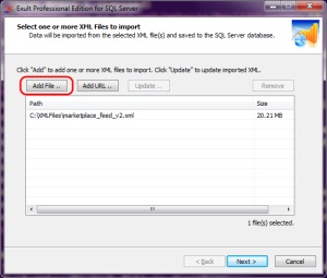 Selecting XML file to import into SQL Server using Exult
       XML to SQL Importer