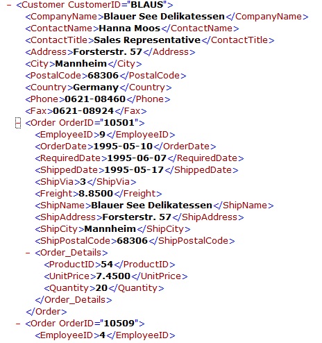 Detailed look at parent and child elements in XML which have
     been flattened in Swift XML Converter.