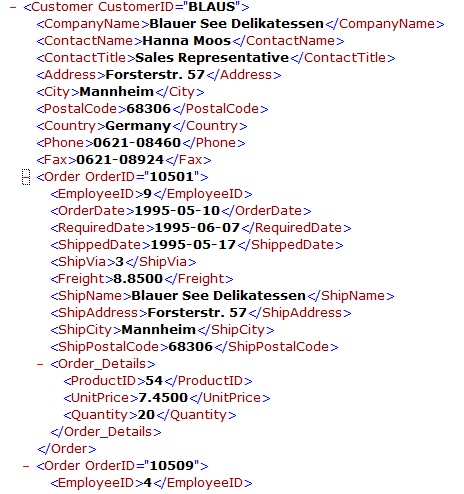 Detailed look at parent and child elements in XML which have
     been flattened in Swift XML Converter.